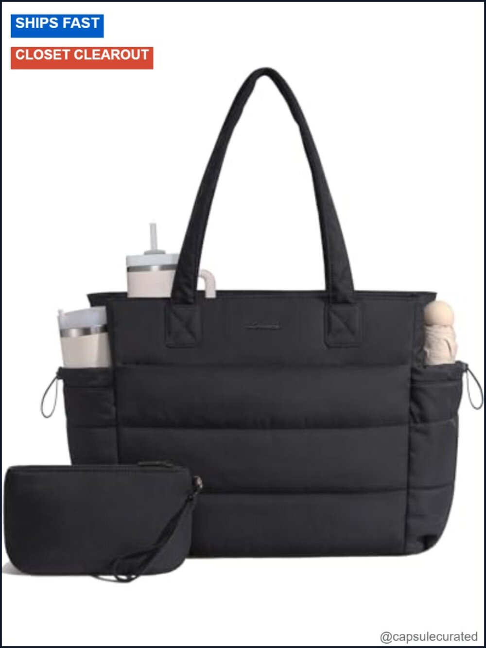 Ultralight Puffer Tote Bag with Laptop Pocket and Tumbler Holder - Picture 1 of 6